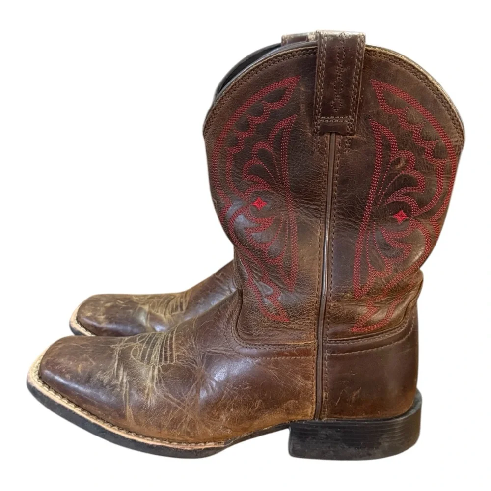 Ariat Quickdraw Leather Western Cowboy Boots Distressed Brown/Red Kids Size 3